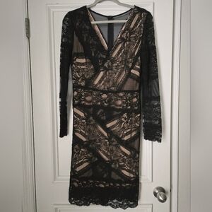 Nicole Miller Black Lace Long-Sleeve Sheath with Nude Lining